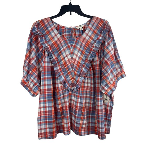 Terra & Sky Plus 4X Short Sleeve Plaid Ruffle Blouse Red Blue Cotton Top NWT - Picture 1 of 15
